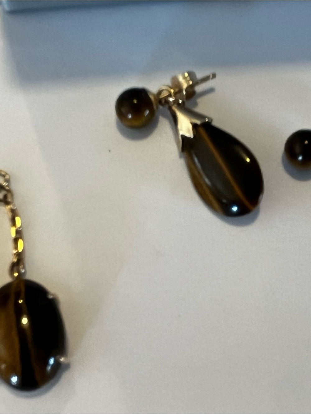 Three looks! Tiger Eye studs, Tear drop 10k drops and Oval 10k chain drop.
